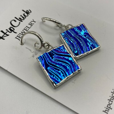BLUE SQUARE Earrings by Hip Chick Glass, Handmade Dangle Drop Earrings, Silver Drop Earrings, Handmade Jewelry on Sale - image2
